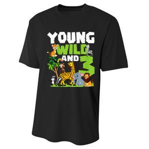 Kids Young Wild And 3 Safari Animal Themed 3rd Birthday Party Performance Sprint T-Shirt