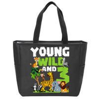 Kids Young Wild And 3 Safari Animal Themed 3rd Birthday Party Zip Tote Bag