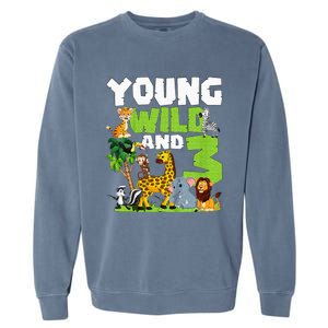 Kids Young Wild And 3 Safari Animal Themed 3rd Birthday Party Garment-Dyed Sweatshirt