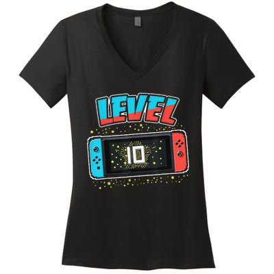 Level 10 Birthday 10 Years Old Video Games Gifts Women's V-Neck T-Shirt