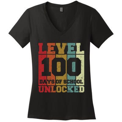 Level 100 Days Of School Unlocked Funny School Women's V-Neck T-Shirt