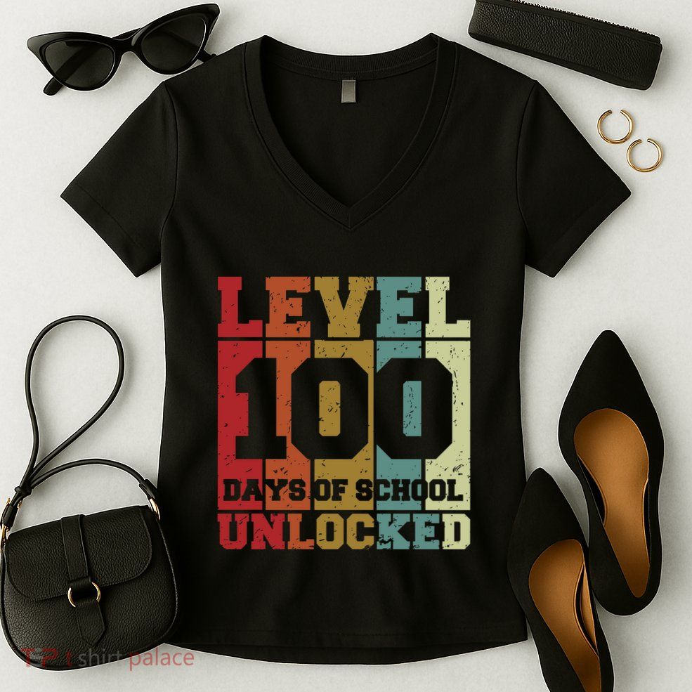 Level 100 Days Of School Unlocked Funny School Women's V-Neck T-Shirt