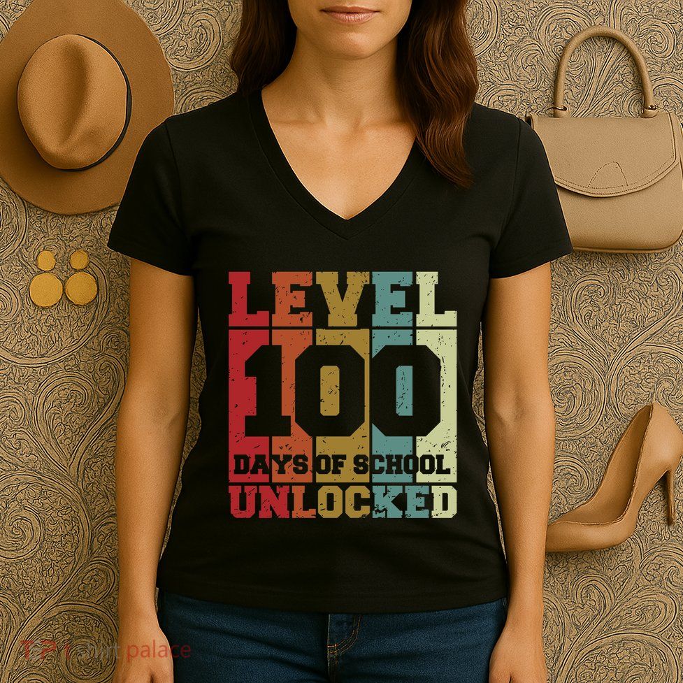 Level 100 Days Of School Unlocked Funny School Women's V-Neck T-Shirt