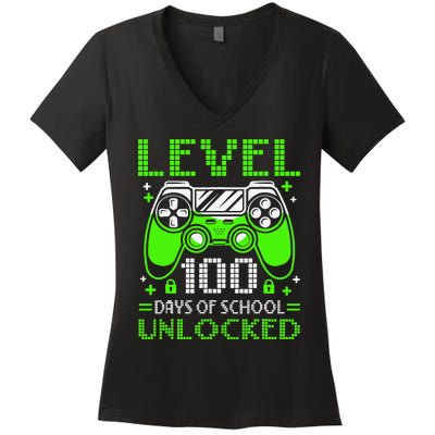 Level 100 Days Of School Unlocked Gamer Video Games   Women's V-Neck T-Shirt