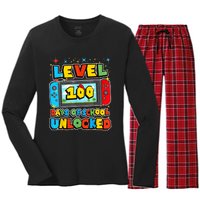 Level 100 Days Of School Unlocked Gamer Video Games Women's Long Sleeve Flannel Pajama Set 