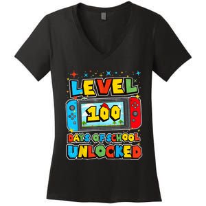 Level 100 Days Of School Unlocked Gamer Video Games Women's V-Neck T-Shirt