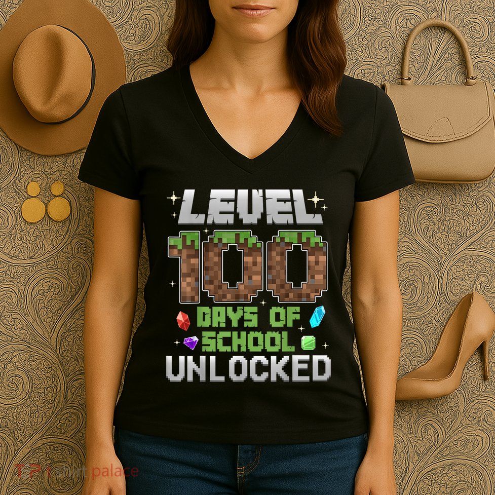 Level 100 Days Of School Unlock Gamer 100th Day Women's V-Neck T-Shirt