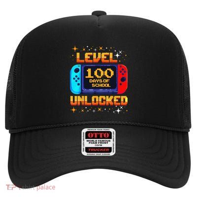 Level 100 Days Of School Unlocked Gaming Pixel 100th Day High Crown Mesh Back Trucker Hat