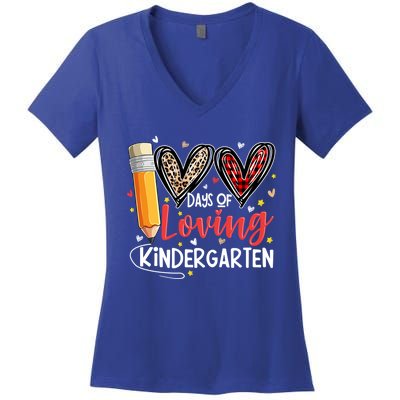 Loving 100 Days Of School Kindergarten Leopard Plaid Teacher Funny Gift Women's V-Neck T-Shirt