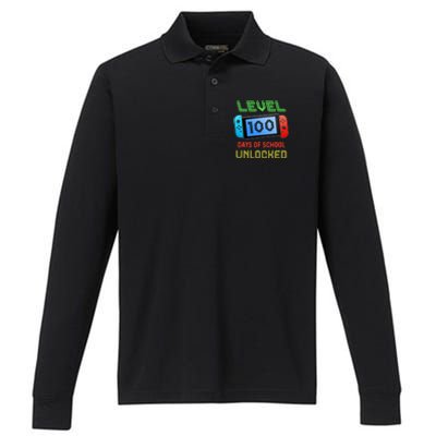 Level 100 Day Of School Unlocked Gaming Smarter Gamer Gift Performance Long Sleeve Polo