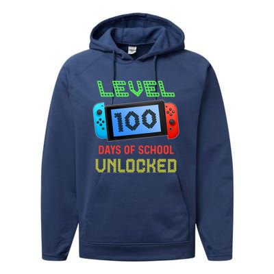 Level 100 Day Of School Unlocked Gaming Smarter Gamer Gift Performance Fleece Hoodie