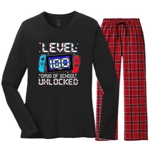 Level 100 Days Of School Unlocked Gamer Video Games Women's Long Sleeve Flannel Pajama Set 