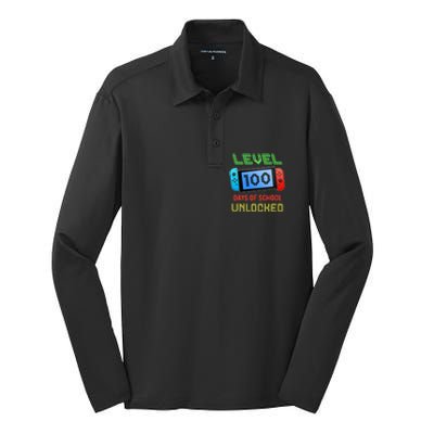 Level 100 Day Of School Unlocked Gaming Smarter Gamer Gift Silk Touch Performance Long Sleeve Polo