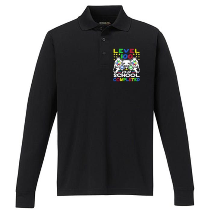 Level 100 Days Of School Completed 100th Day Gamer Boys Kids Performance Long Sleeve Polo