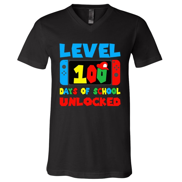 Level 100 Days Of School Unlocked Video Games Gamer V-Neck T-Shirt