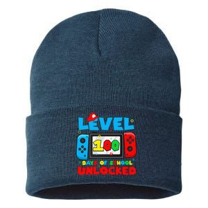 Level 100 Days Of School Unlocked Video Games Gamer Sustainable Knit Beanie