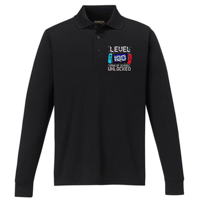 Level 100 Days Of School Unlocked Gamer Video Games Performance Long Sleeve Polo