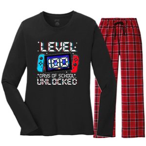 Level 100 Days Of School Unlocked Gamer Video Games Women's Long Sleeve Flannel Pajama Set 