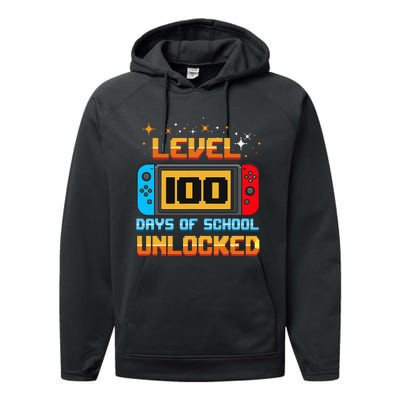 Level 100 Days Of School Unlocked Gamer Funny 100th Day Performance Fleece Hoodie