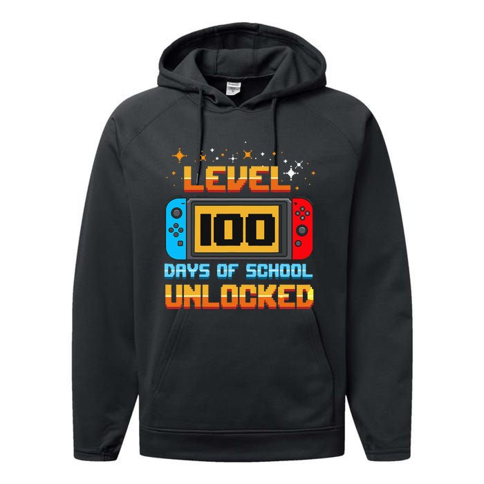 Level 100 Days Of School Unlocked Gamer Funny 100th Day Performance Fleece Hoodie