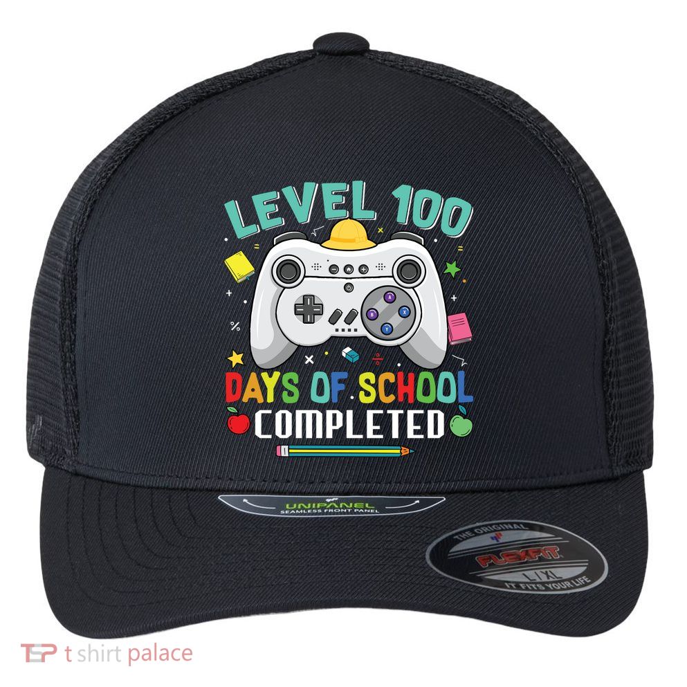 Level 100 Day's Of School Funny Completed Flexfit Unipanel Trucker Cap