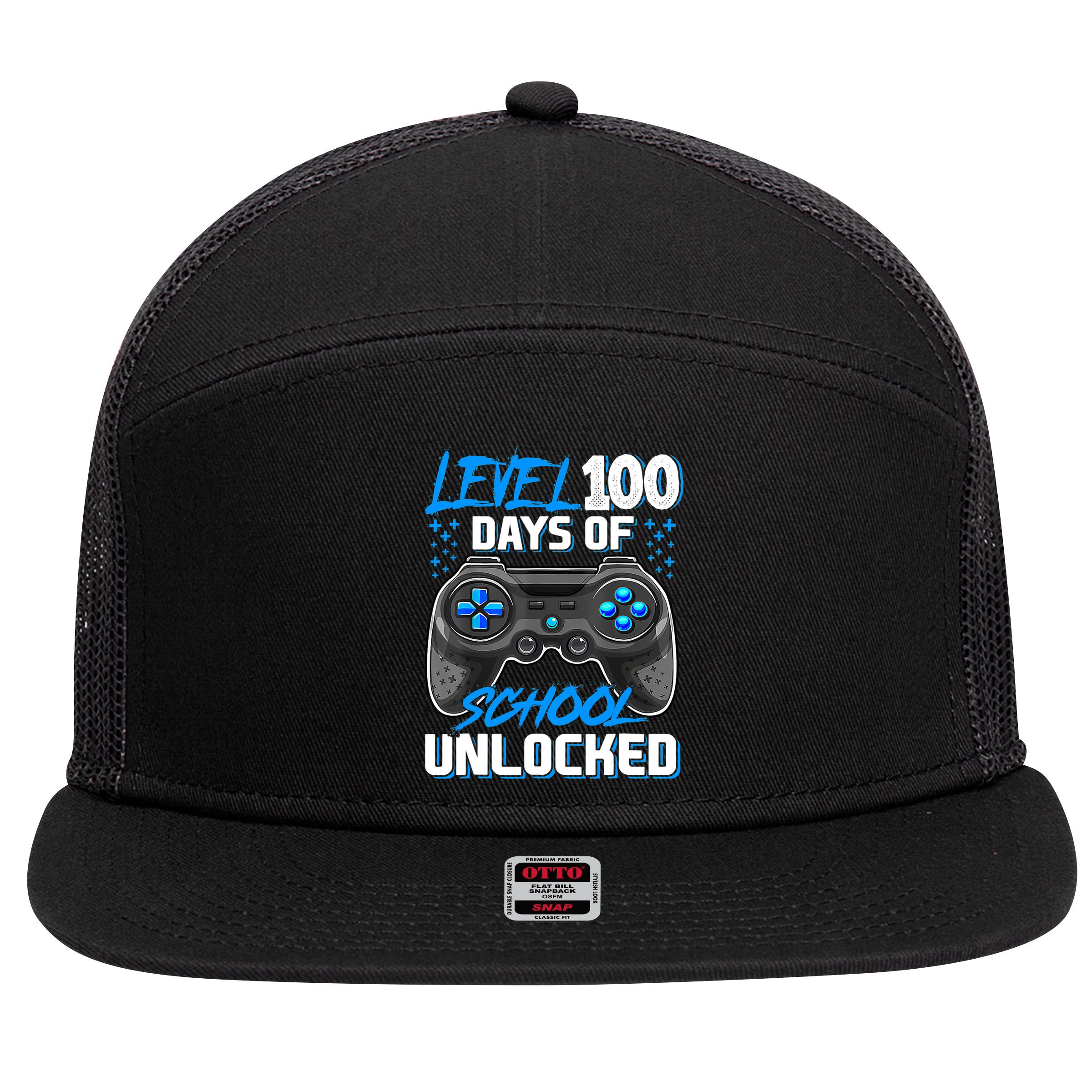 Level 100 Days Of School Unlocked Gamer Video Games Boys 7 Panel Mesh Trucker Snapback Hat