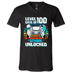 Level 100 Days Of School Unlock Teacher Student Boys Gamer V-Neck T-Shirt