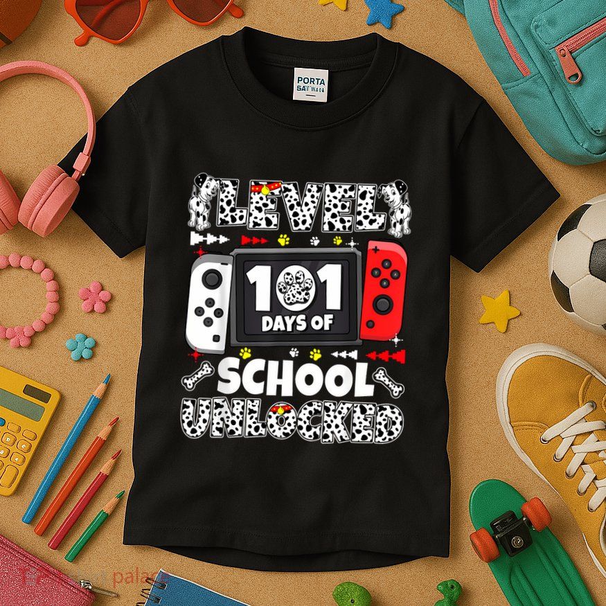 Level 101 Days Of School Unlocked Cute Dog Video Gamer Lover Kids T-Shirt