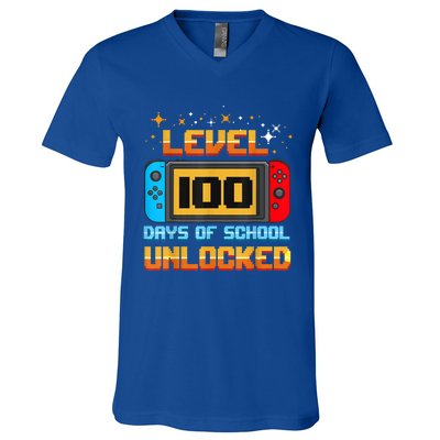 Level 100 Days Of School Unlocked Gamer Funny 100th Day. V-Neck T-Shirt