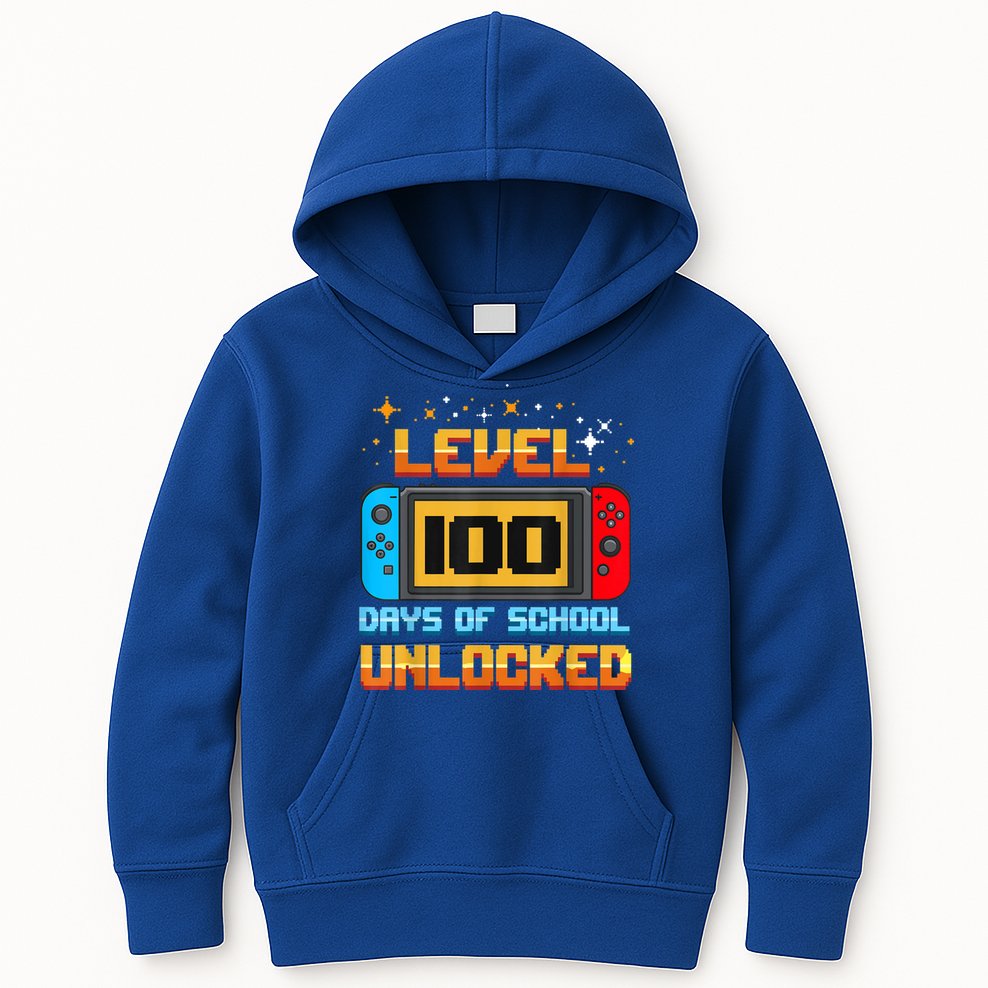 Level 100 Days Of School Unlocked Gamer Funny 100th Day. Kids Hoodie