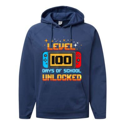 Level 100 Days Of School Unlocked Gamer Funny 100th Day. Performance Fleece Hoodie