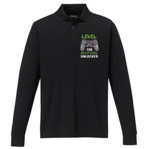 Level 100 Days Of School Unlocked Video Game Controller Performance Long Sleeve Polo