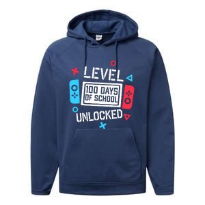 Level 100 Days Of School Unlocked Gamer Video Games Boy Performance Fleece Hoodie