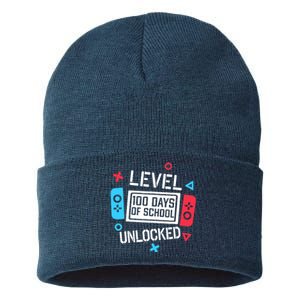 Level 100 Days Of School Unlocked Gamer Video Games Boy Sustainable Knit Beanie