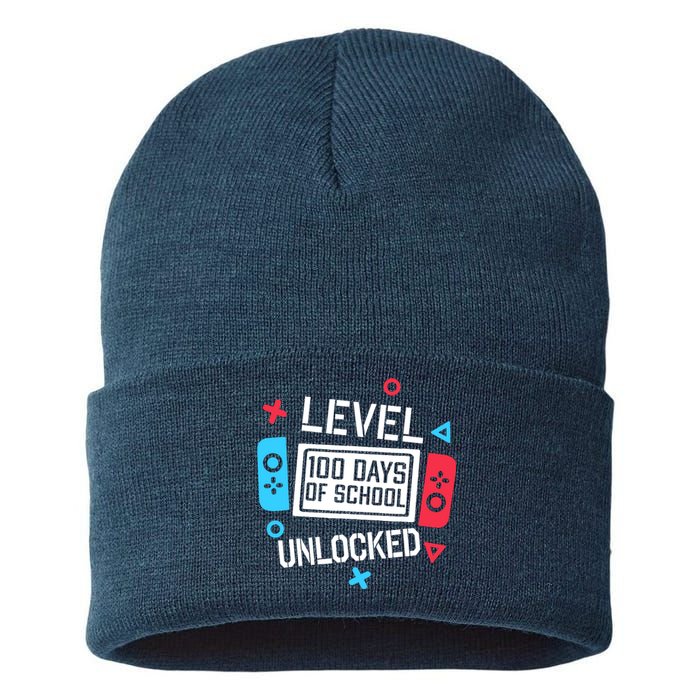 Level 100 Days Of School Unlocked Gamer Video Games Boy Sustainable Knit Beanie