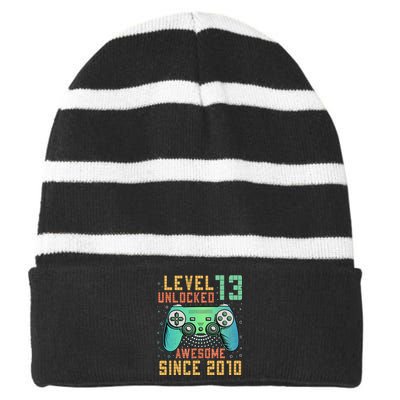 Level 13 Unlocked 13th Birthday 13 Year Old Boy Gifts Gamer Striped Beanie with Solid Band