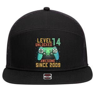 Level 14 Unlocked 14th Birthday 14 Year Old Boy Gifts Gamer 7 Panel Mesh Trucker Snapback Hat