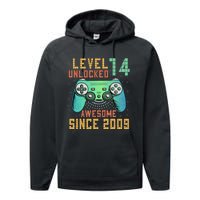 Level 14 Unlocked 14th Birthday 14 Year Old Boy Gifts Gamer Performance Fleece Hoodie