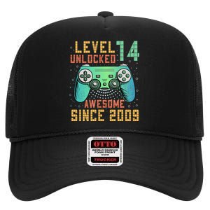 Level 14 Unlocked 14th Birthday 14 Year Old Boy Gifts Gamer High Crown Mesh Back Trucker Hat