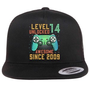 Level 14 Unlocked 14th Birthday 14 Year Old Boy Gifts Gamer Flat Bill Trucker Hat