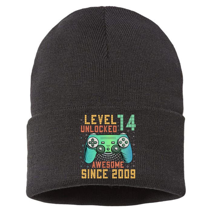 Level 14 Unlocked 14th Birthday 14 Year Old Boy Gifts Gamer Sustainable Knit Beanie