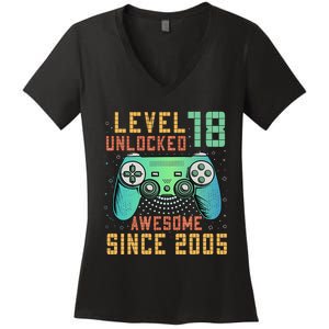 Level 18 Unlocked 18th Birthday 18 Year Old Boy Gifts Gamer Women's V-Neck T-Shirt