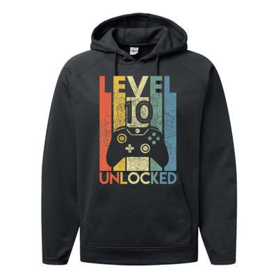 Level 10 Unlocked Funny Video Gamer 10th Birthday Performance Fleece Hoodie