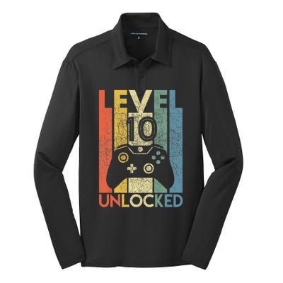 Level 10 Unlocked Funny Video Gamer 10th Birthday Silk Touch Performance Long Sleeve Polo