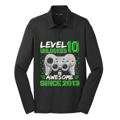 Level 10 Unlocked Awesome 2013 Funny Gamer 10th Birthday Silk Touch Performance Long Sleeve Polo