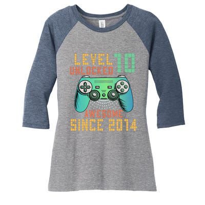 Level 10 Unlocked 10th Birthday 10 Year Old Gifts Gamer Bday Women's Tri-Blend 3/4-Sleeve Raglan Shirt