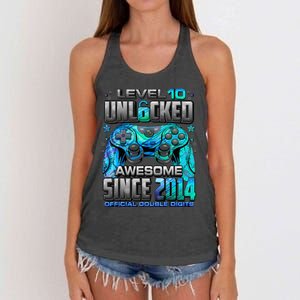 Level 10 Unlocked Awesome Since 2014 10th Birthday Gaming Women's Knotted Racerback Tank