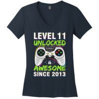 Level 11 Unlocked Awesome Since 2013 11th Birthday Gaming Women's V-Neck T-Shirt