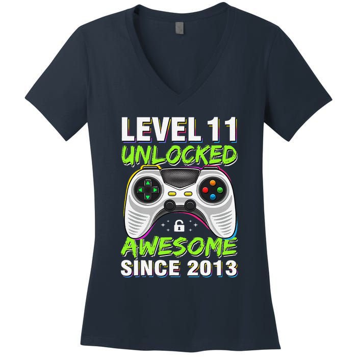 Level 11 Unlocked Awesome Since 2013 11th Birthday Gaming Women's V-Neck T-Shirt