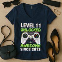 Level 11 Unlocked Awesome Since 2013 11th Birthday Gaming Women's V-Neck T-Shirt